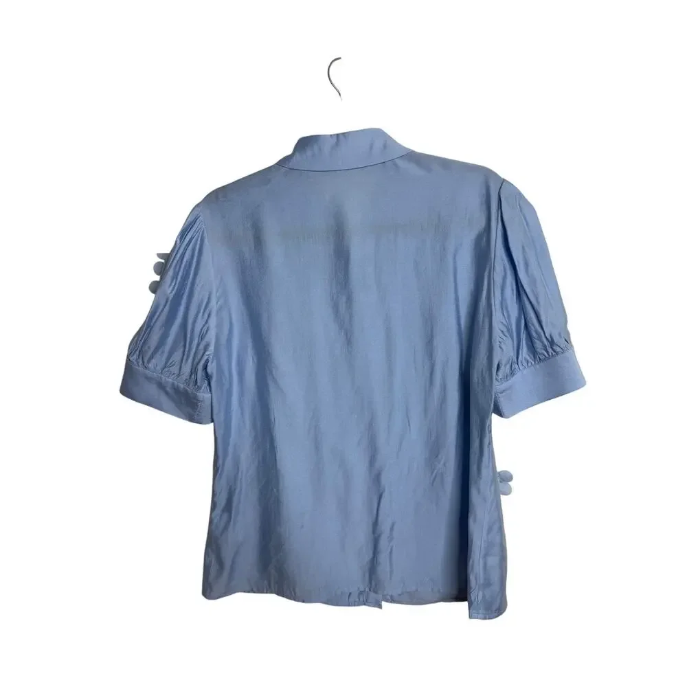 A.Z.I Felicia Blouse Women's Medium Blue Short Sleeve Floral Appliques MSRP$113 - Picture 2 of 6